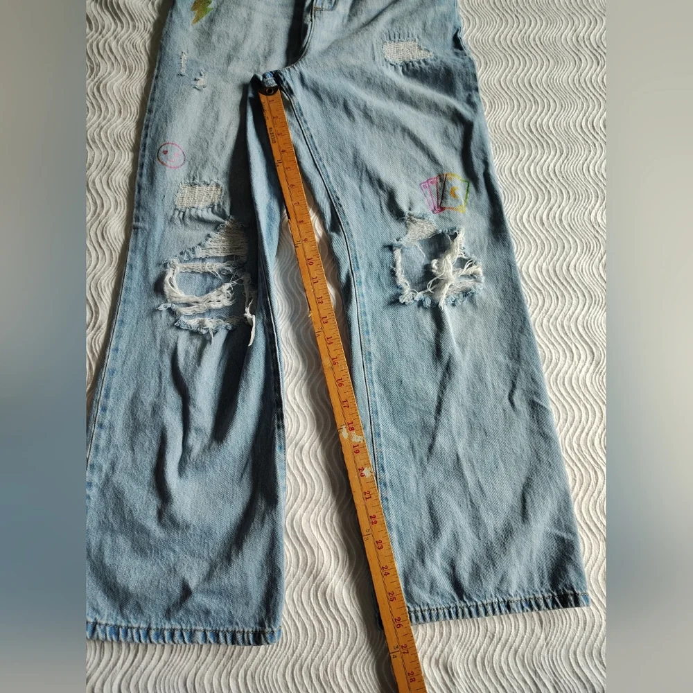 Sugar And Jade Wide Leg Jeans Size 16 Light Blue Girls Emoji Print Destroyed